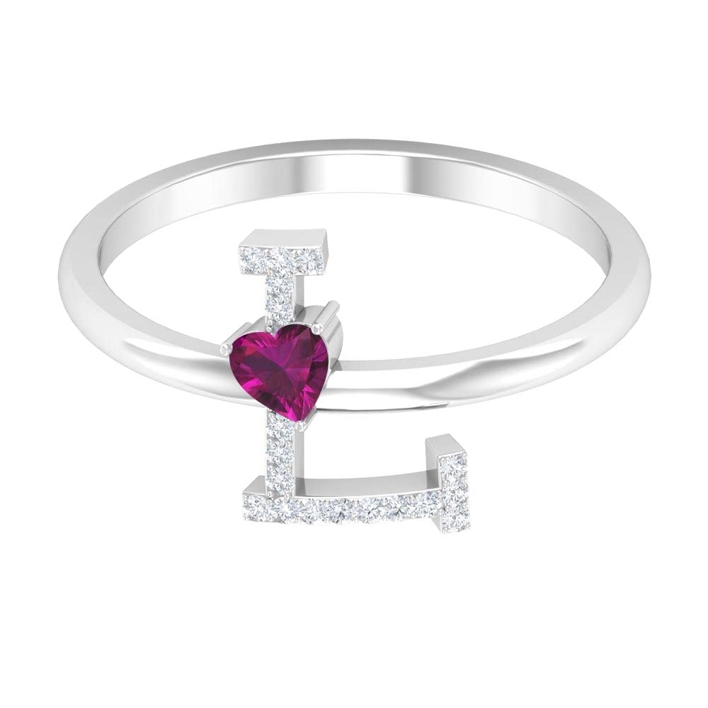 Rhodolite & Diamond Initial Rings for Women - A to Z Alphabet Letter Rings in 14K White Gold | Elegant Heart Initial Jewelry for Gifts & Special Occasions