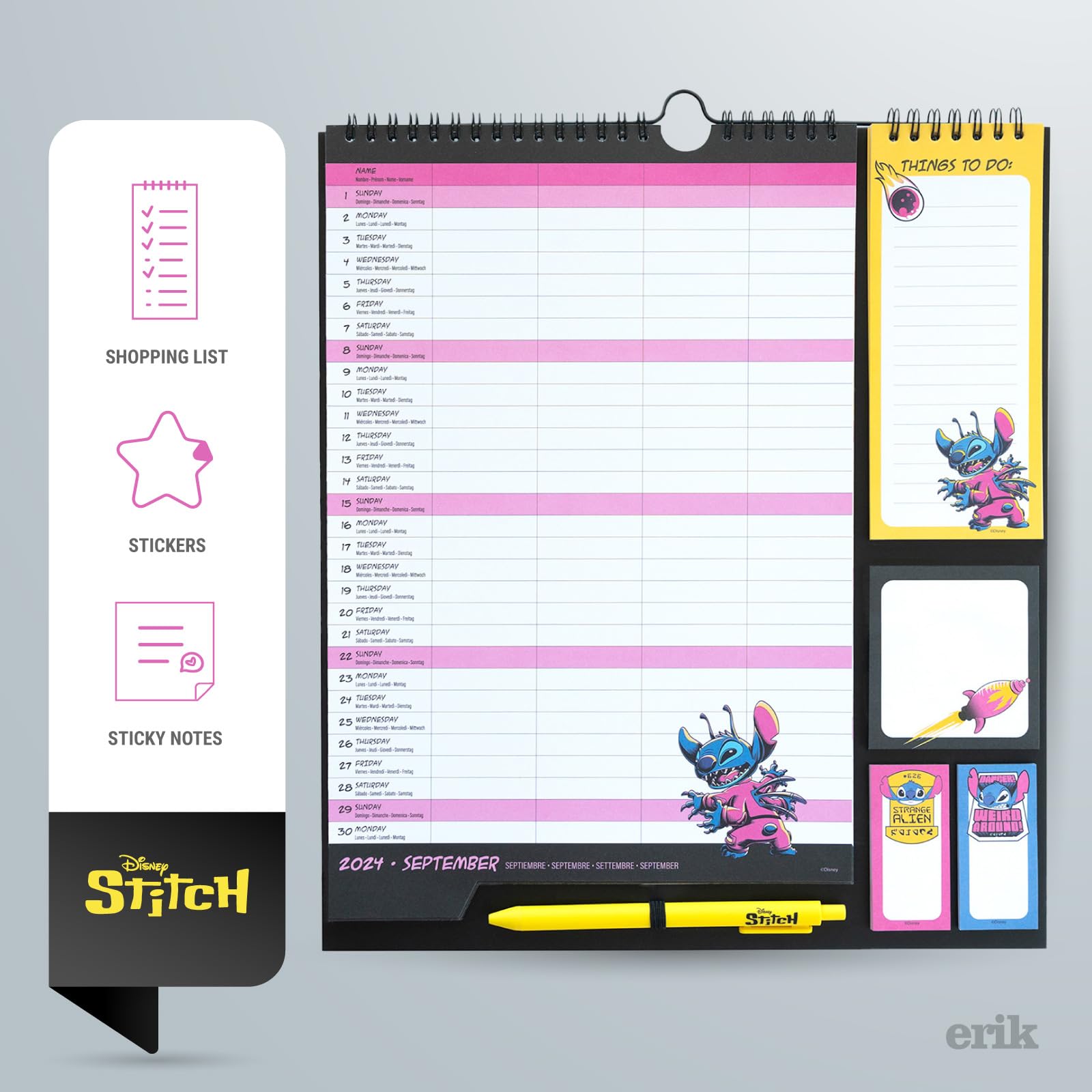 Disney Stitch 2025 Wall Calendar Planner - 16 Months (September 2024 to December 2025) - 11.8 x 13.4 Inches (30 x 34 cm) with Stickers, Pen & Shopping List - Perfect for Home, Office & School Organization - Cute Stitch Themed Gifts for Disney Fans