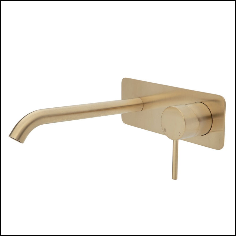 FIENZA Kaya Wall Mounted Basin Bath Mixer Set - Urban Brass Finish with Square Plate & 200mm Outlet (Model 228106UB 200) - Perfect for Modern Bathroom & Spa Decor