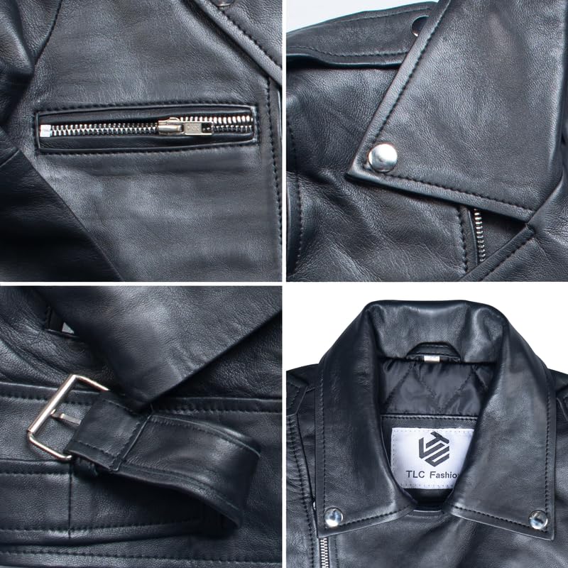 Premium Black Men's TLC Leather Biker Jacket with Notch Lapel Collar & Zipper Cuffs - Stylish Motorcycle Jacket for Riding, Casual Wear & Night Out