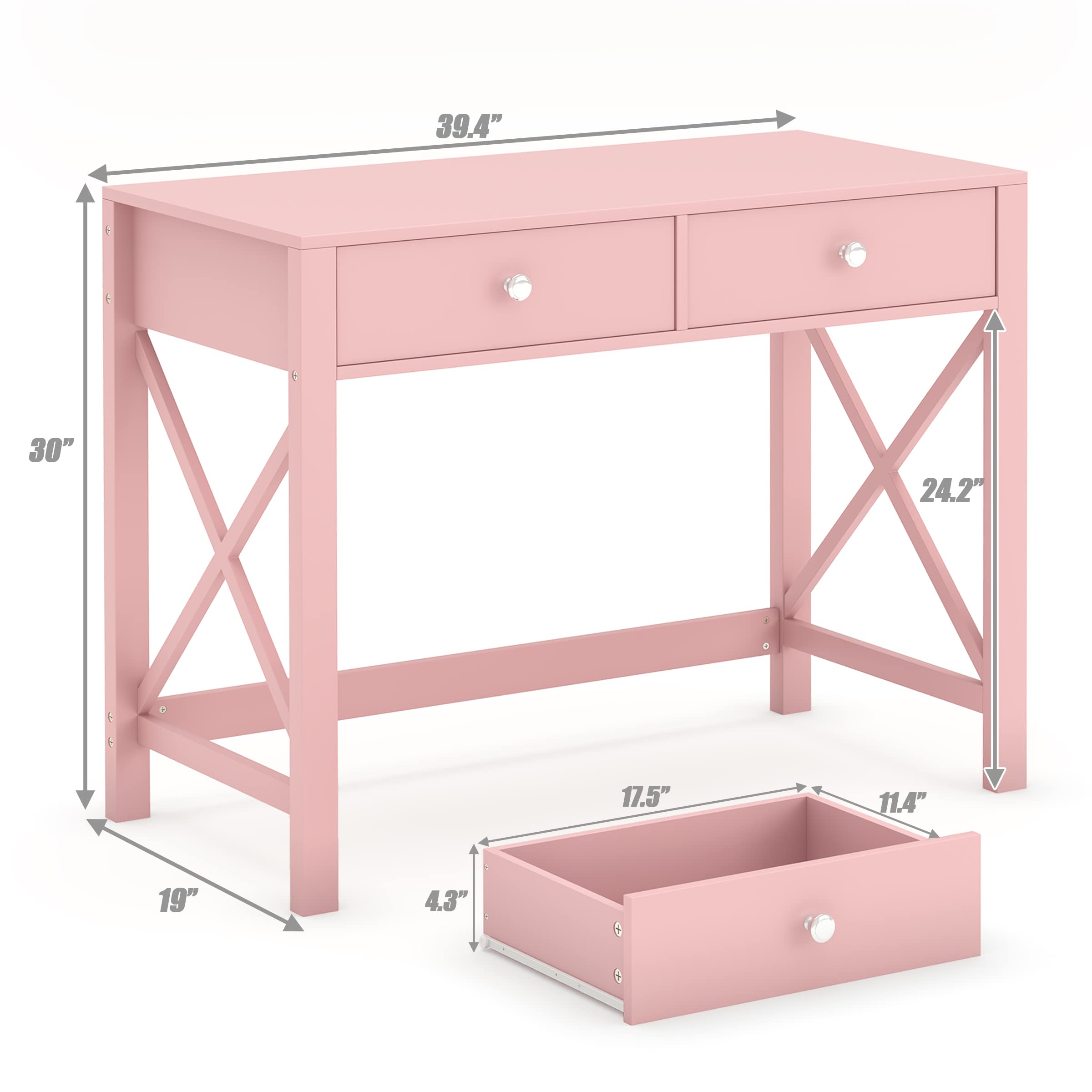 Modern Pink Home Office Desk with Drawers - WiberWi Small Writing Computer Desk & Study Table for Bedroom, Girls Makeup Vanity | Perfect for Remote Work, Online Classes & Beauty Routine Organization