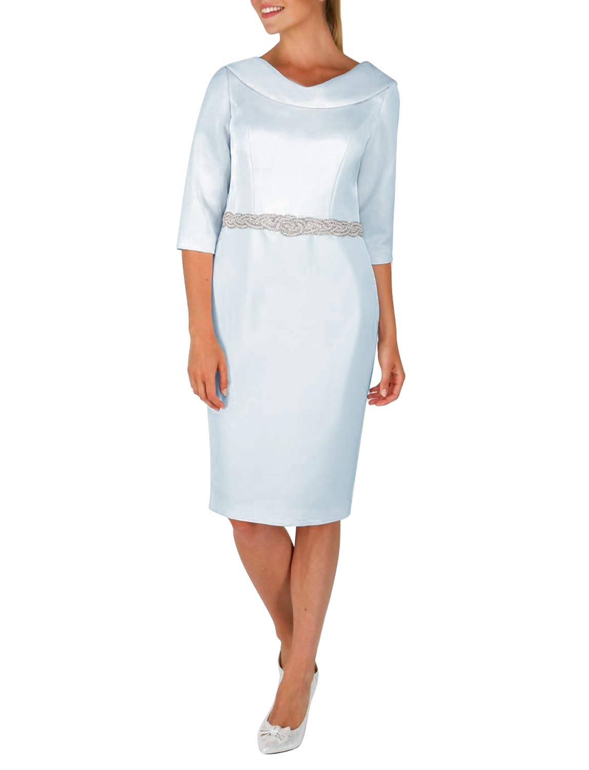 Elegant Mother of The Bride Tea-Length Sheath Dress with Crystal Belt - Formal Wedding Guest Dress for Special Occasions
