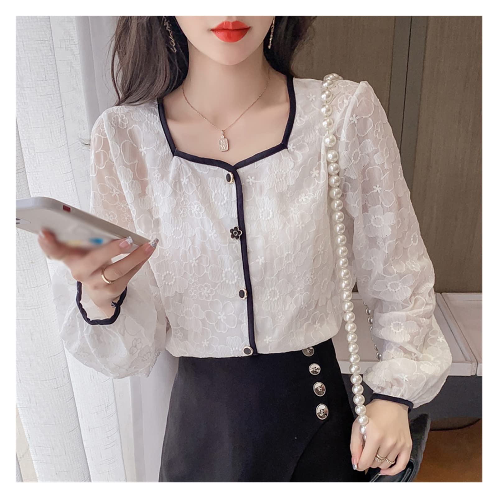 WALNUTA Women's Summer Long Sleeve V-Neck Blouse - Elegant Hollow Lace Tops for Women | Perfect for Office Wear, Date Night & Casual Outfits