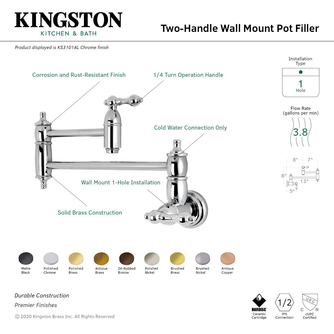 Kingston Brass KS3105AL 8-1/8-Inch Oil Rubbed Bronze Pot Filler Faucet - Wall Mounted Kitchen Sink Faucet for Cooking, Filling Pots & Watering Plants