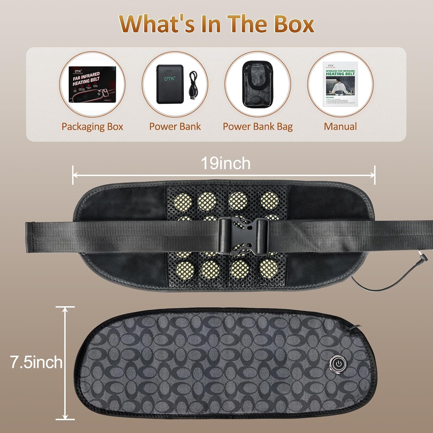UTK Cordless Far Infrared Heating Pad for Lower Back Pain Relief - Wireless Heating Belt with 3 Heat Settings up to 149°F for Waist, Lumbar & Abdomen - Perfect for Home, Office & Travel Use