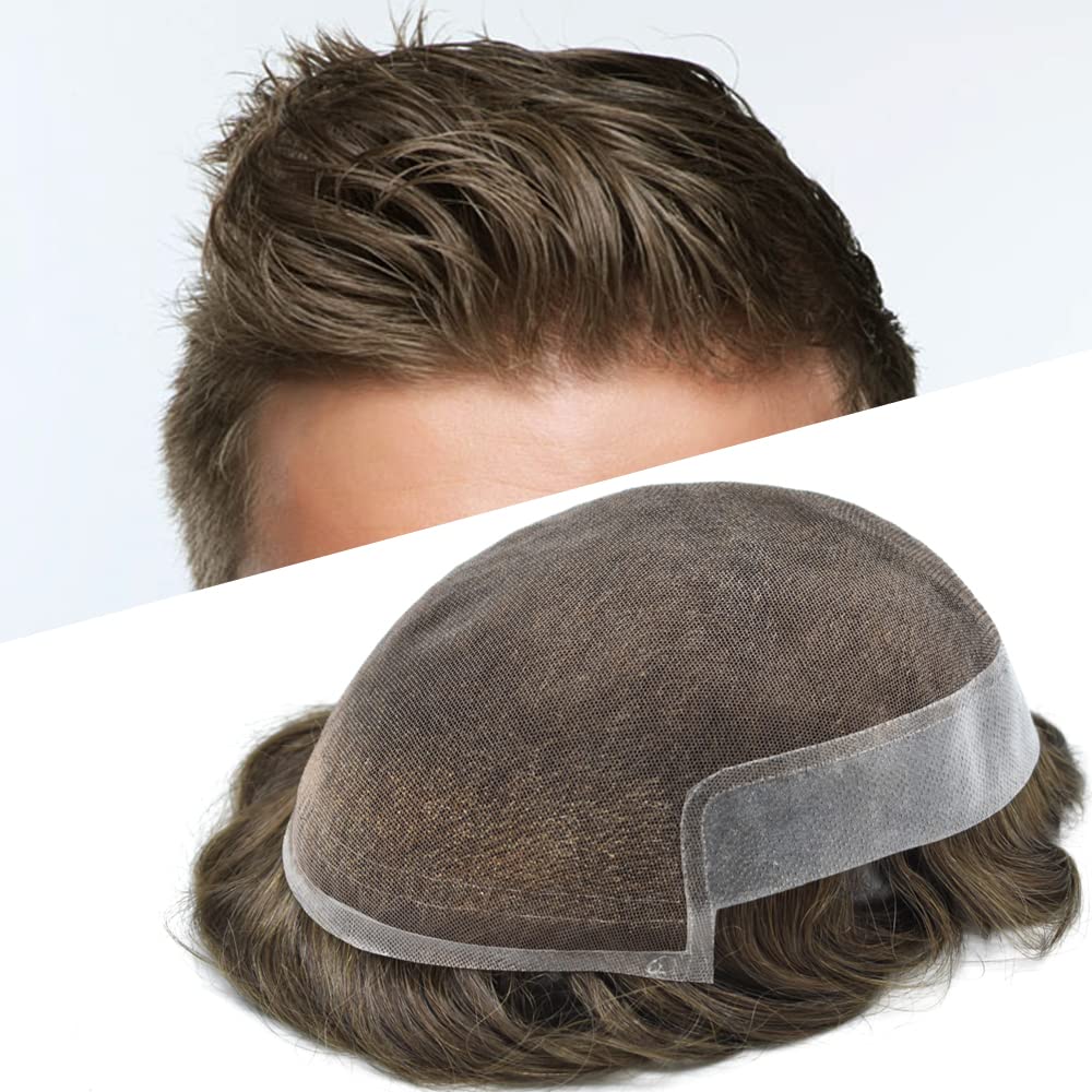 Premium Swiss Lace Toupee for Men - 8x10 Human Hair Replacement System (Medium Light Brown #5, 110% Density) - Natural Looking Hairpiece for Thinning Hair & Baldness Cover - Perfect for Daily Wear, Special Occasions & Confidence Boost