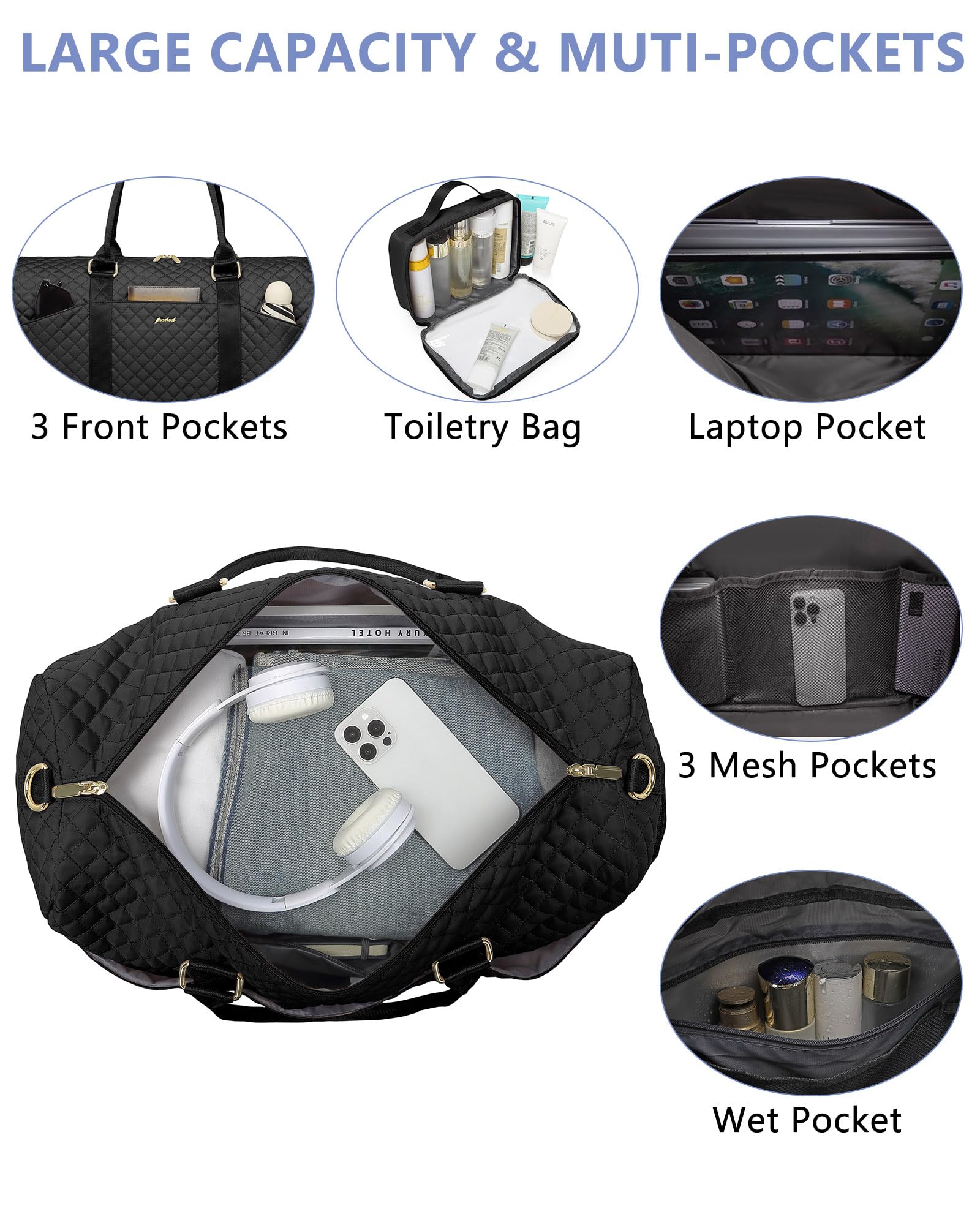 **Women's Large Weekender Travel Duffle Bag with Shoe Compartment & Wet Pocket - Carry-On Overnight Gym Yoga Hospital Bag for Women, Includes Toiletry Bag - Perfect for Travel, Workouts & Weekend Getaways (Black)**