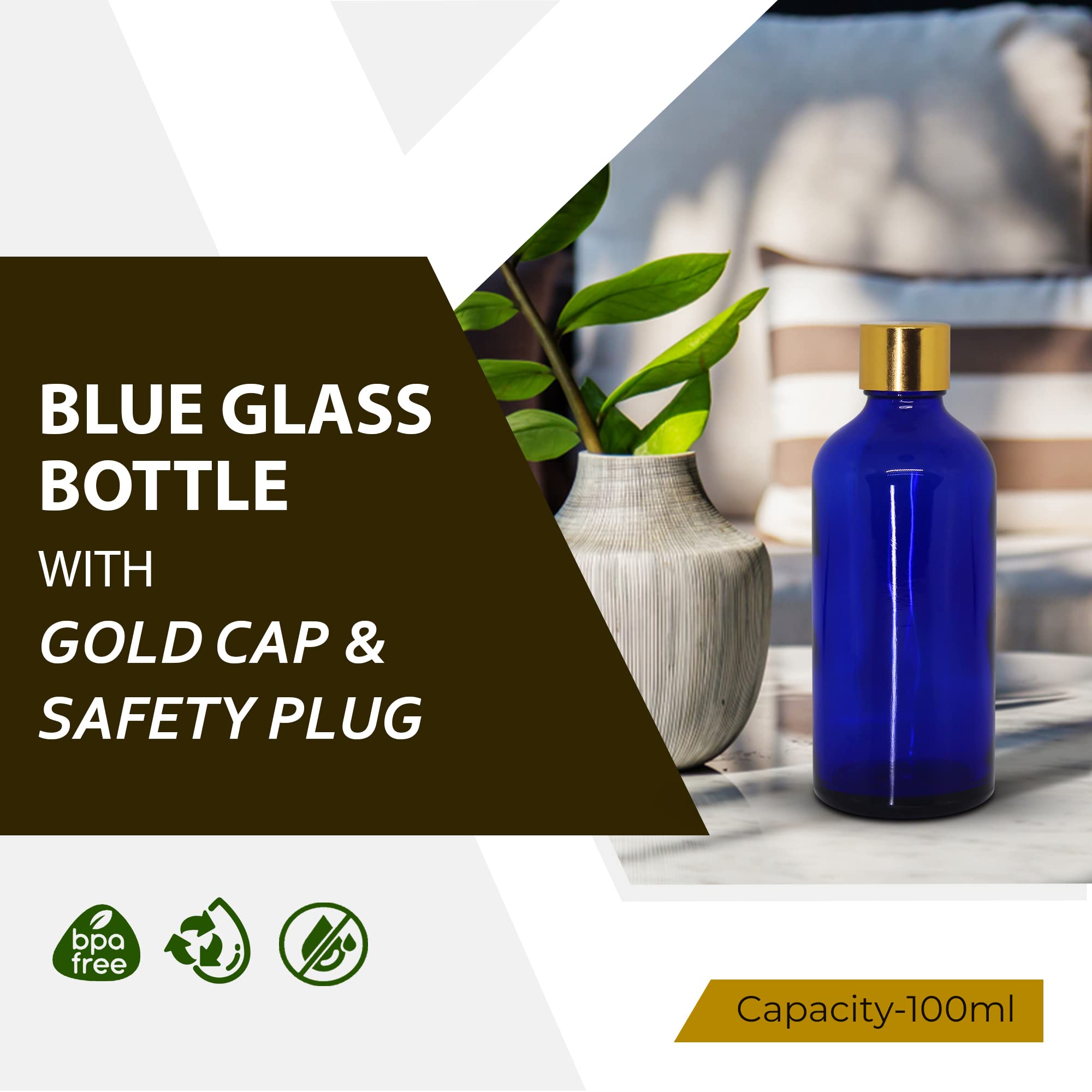 NSB Herbals 100ml Cobalt Blue Round Empty Glass Bottle with Gold Seal Cap & Safety Plug - Refillable, Reusable, Leak Proof for Essential Oils, Perfumes, Face Serums & DIY Blends - Perfect for Aromatherapy, Travel & Home Storage