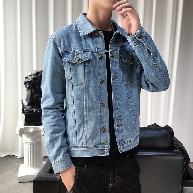 Men's Denim Jacket - Spring & Autumn Casual Solid Color Lapel Single Breasted Coat (Blue, XXXXL) | Perfect for Outdoor Activities & Daily Wear