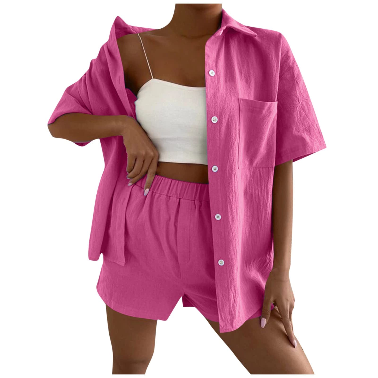 Women's Two Piece Outfits - Oversized Long Sleeve Shirt & Loose Drawstring Shorts Tracksuit Set | Casual Lounge Wear, Street Style, Travel & Gym Outfit for Women