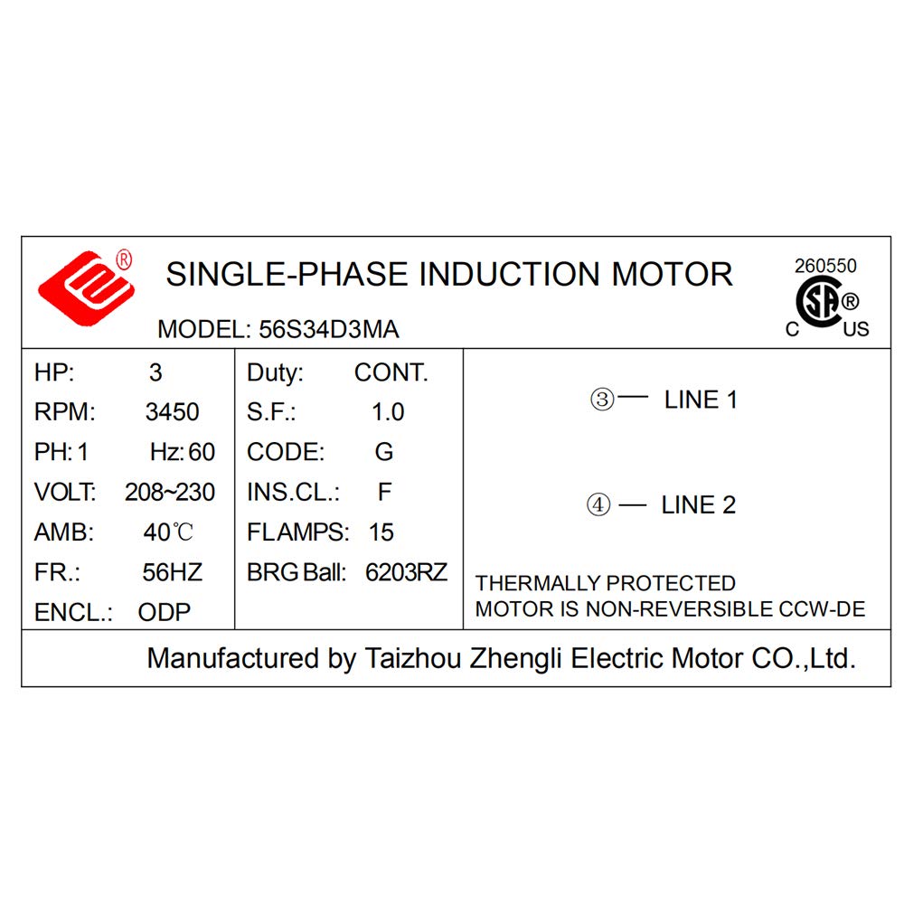 5HP Single Phase Electric Motor 3450 RPM 56 Frame 7/8