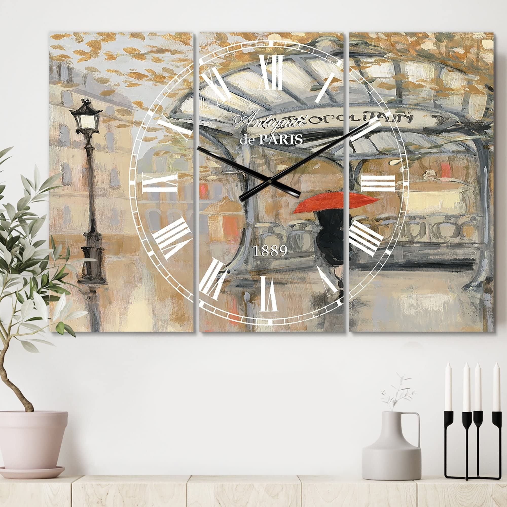 Designart 'Love in Paris IV' Large 3-Panel Wall Clock - 36