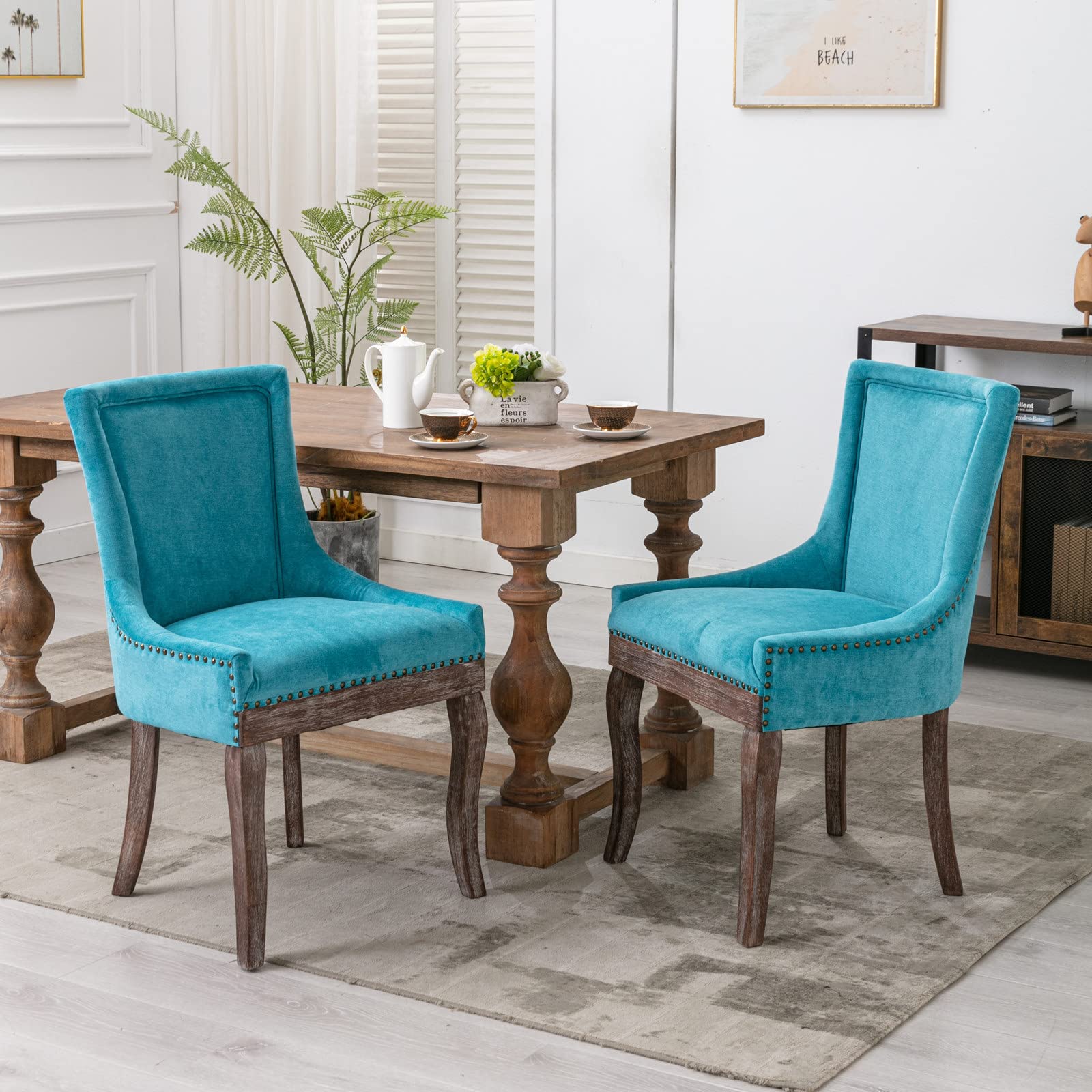 Vintage Style Set of 2 Upholstered Dining Chairs with Solid Wood Legs & Bronze Nailhead Trim - Blue Retro Accent Chairs for Dining Room, Living Room, Restaurant & Cafe Decor