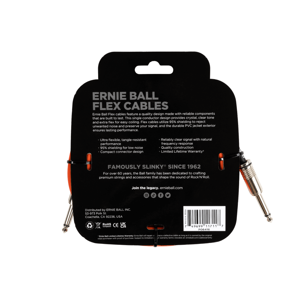 Ernie Ball 10Ft Orange Flex Instrument Cable - Straight to Straight Connector for Guitar, Bass & Audio Equipment - Perfect for Live Performances & Studio Recording