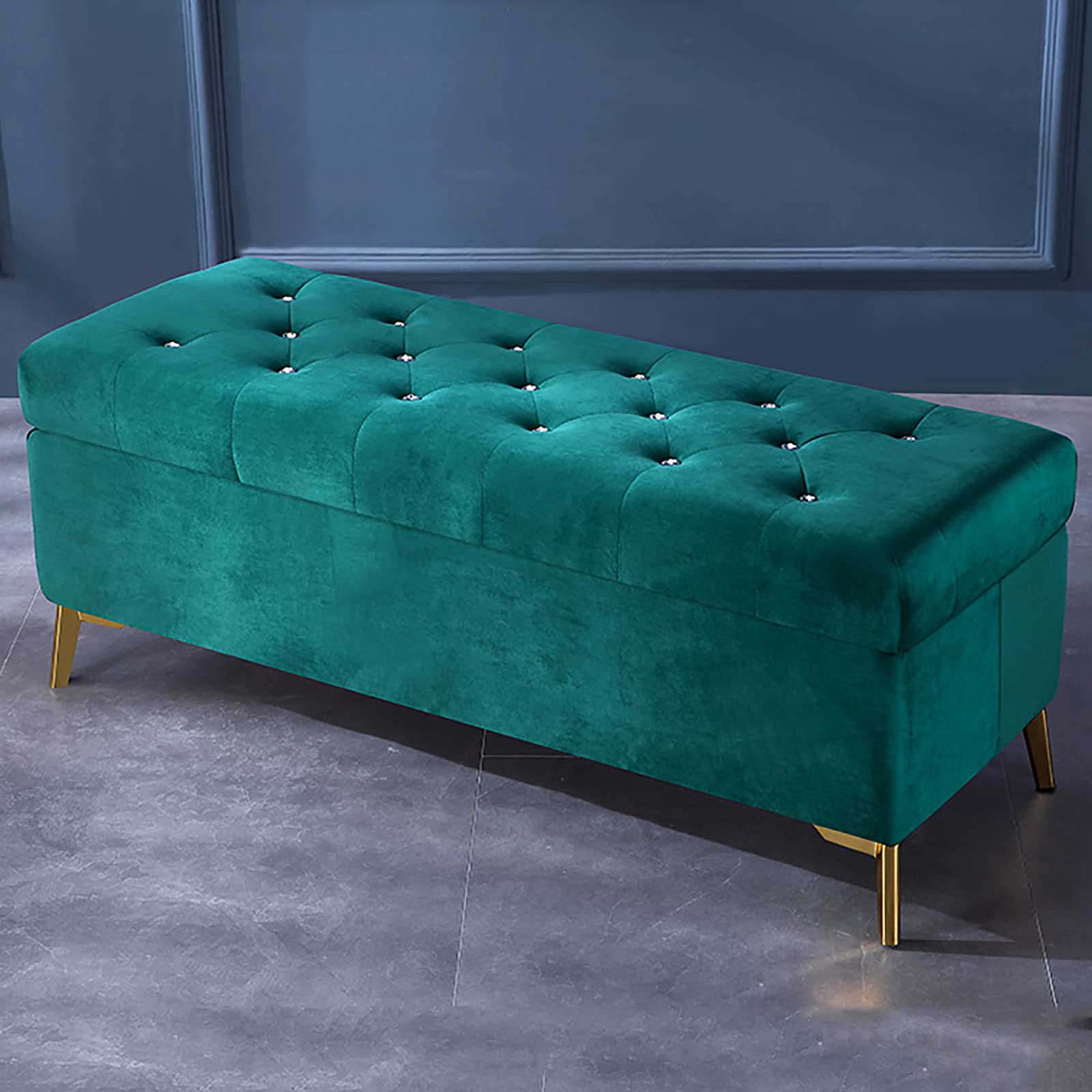 Luxury Velvet Upholstered Storage Ottoman Bench with Crystal Buttons - 80x42x45cm (31x17x18inch) Green Modern Footrest, Shoe Bench & Bedroom Seat for Living Room, Entryway, Bed End - Perfect for Home Decor, Extra Storage & Comfortable Seating