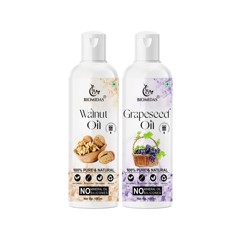Biomidas 100% Pure Walnut Oil & Grapeseed Oil Combo (100ML Each) - Natural Hair Growth Treatment for Stronger, Shinier Hair | Reduces Hair Fall & Split Ends | Perfect for Daily Hair Care & Scalp Massage (Pack of 2)