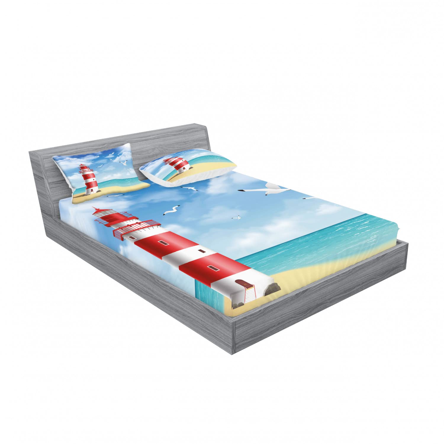 Ambesonne 2-Pack Full Size Fitted Sheet Set with 4 Pillow Shams - Lighthouse & Seagulls Ocean Theme Coastal Bedding in Vermilion Blue | Beach House Decor, Guest Room Essentials, Vacation Home Bedding