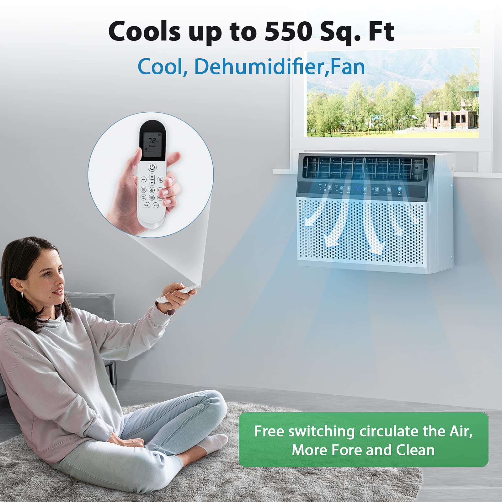 12000 BTU Window Air Conditioner - Joy Pebble AC Unit Cools Rooms Up to 550 Sq.Ft with 3 Fan Speeds, Dehumidifier, 24H Timer & ECO Mode - Perfect for Bedrooms, Living Rooms and Home Offices