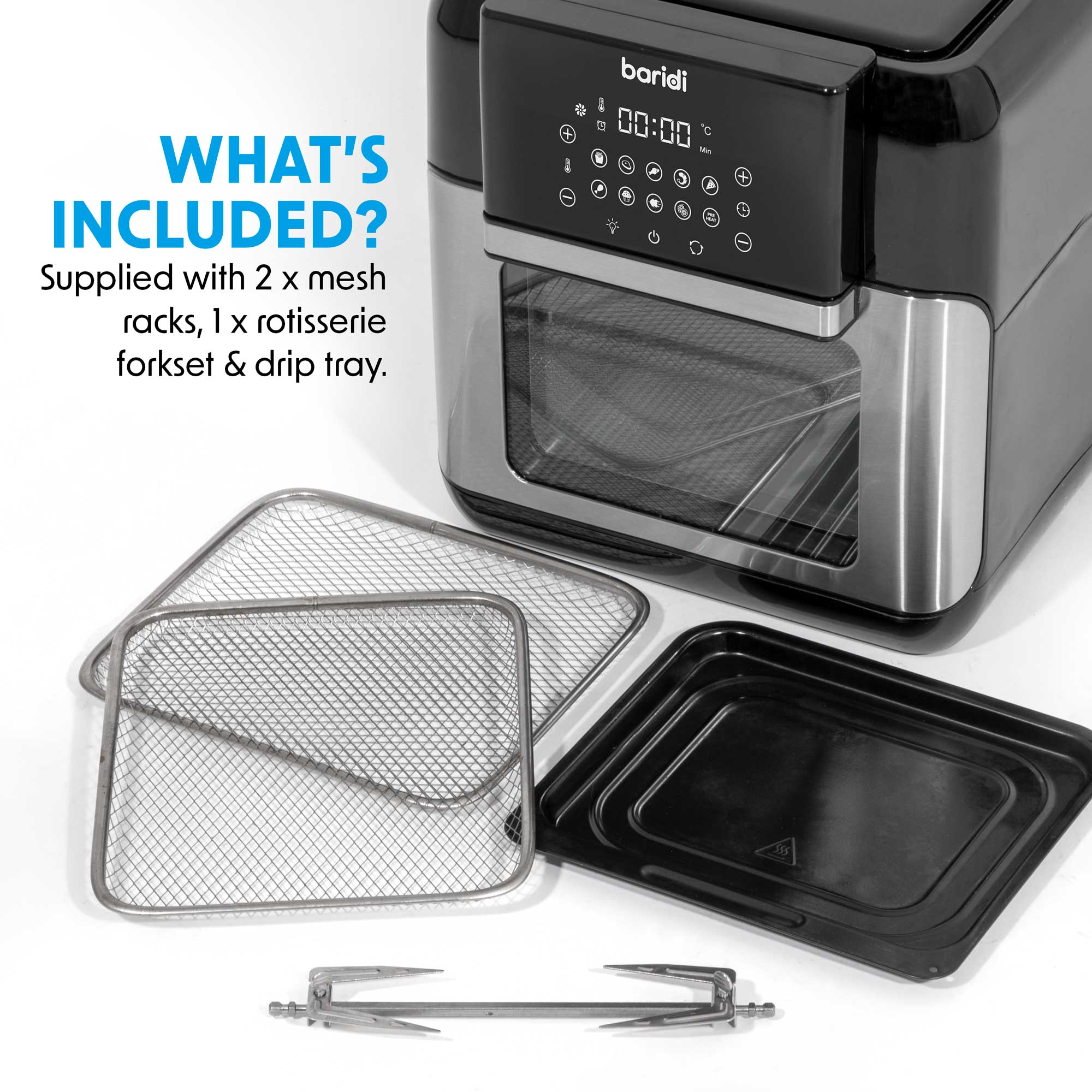 Baridi 12L Air Fryer and Rotisserie Combo - 1500W Digital Air Fryer with 10 Preset Functions, Black & Silver (DH170) - Perfect for Healthy Cooking, Crispy Fried Chicken, and Rotisserie Meals at Home