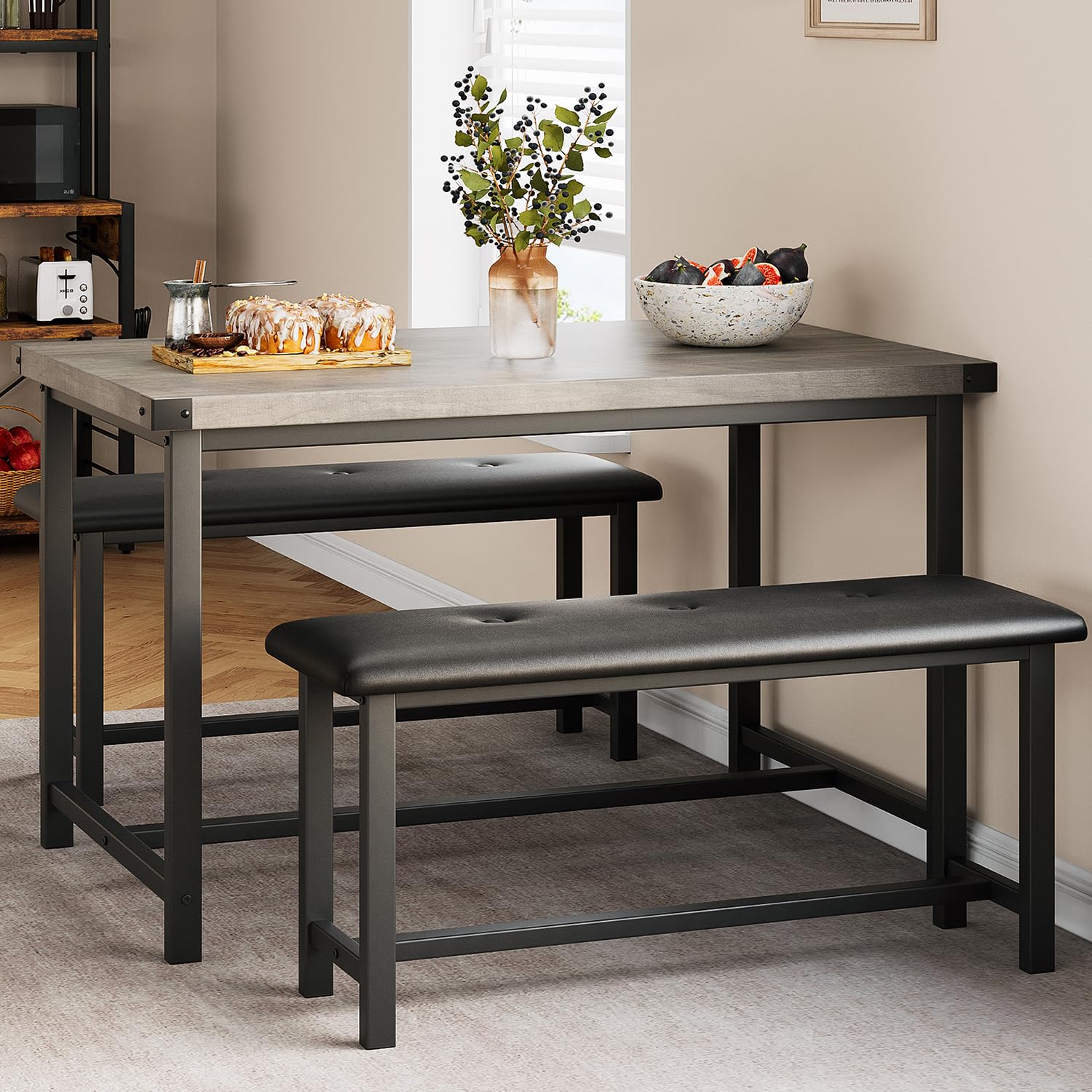 3-Piece Retro Gray Kitchen Table Set with 2 Upholstered Benches - Space-Saving Dining Table for 4, Perfect for Small Apartments, Studios & Compact Spaces | Ideal for Family Meals, Entertaining Guests & Cozy Dining