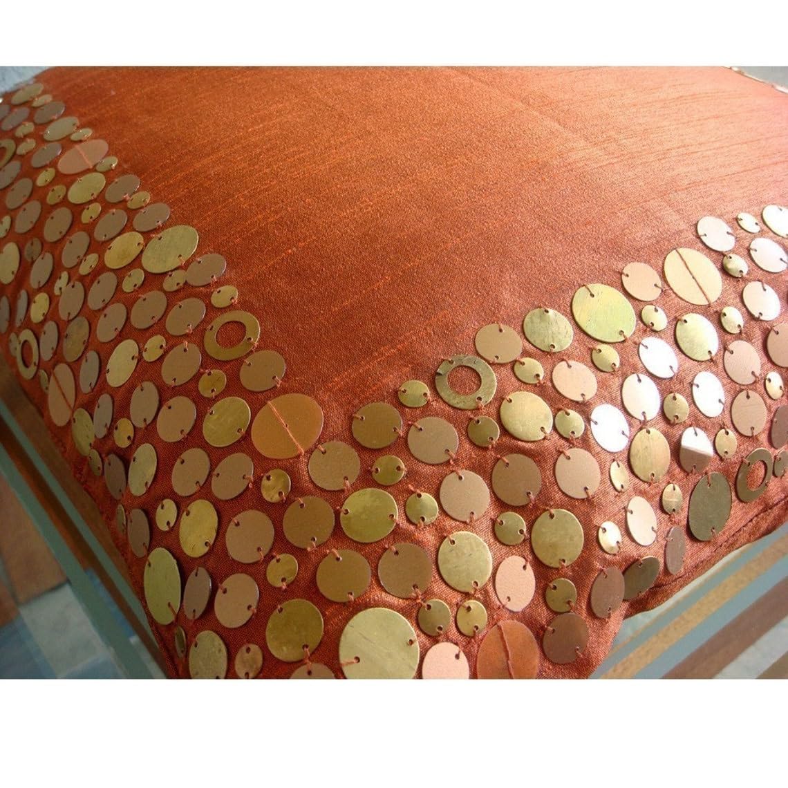 Premium Rust Glamor Metal Sequins Bordered Pillow Sham - 24x24 Inch (60x60 cm) Square Silk Pillow Cover for Sofa, Bed, Couch - Modern Home Decor for Easter & Holiday Season