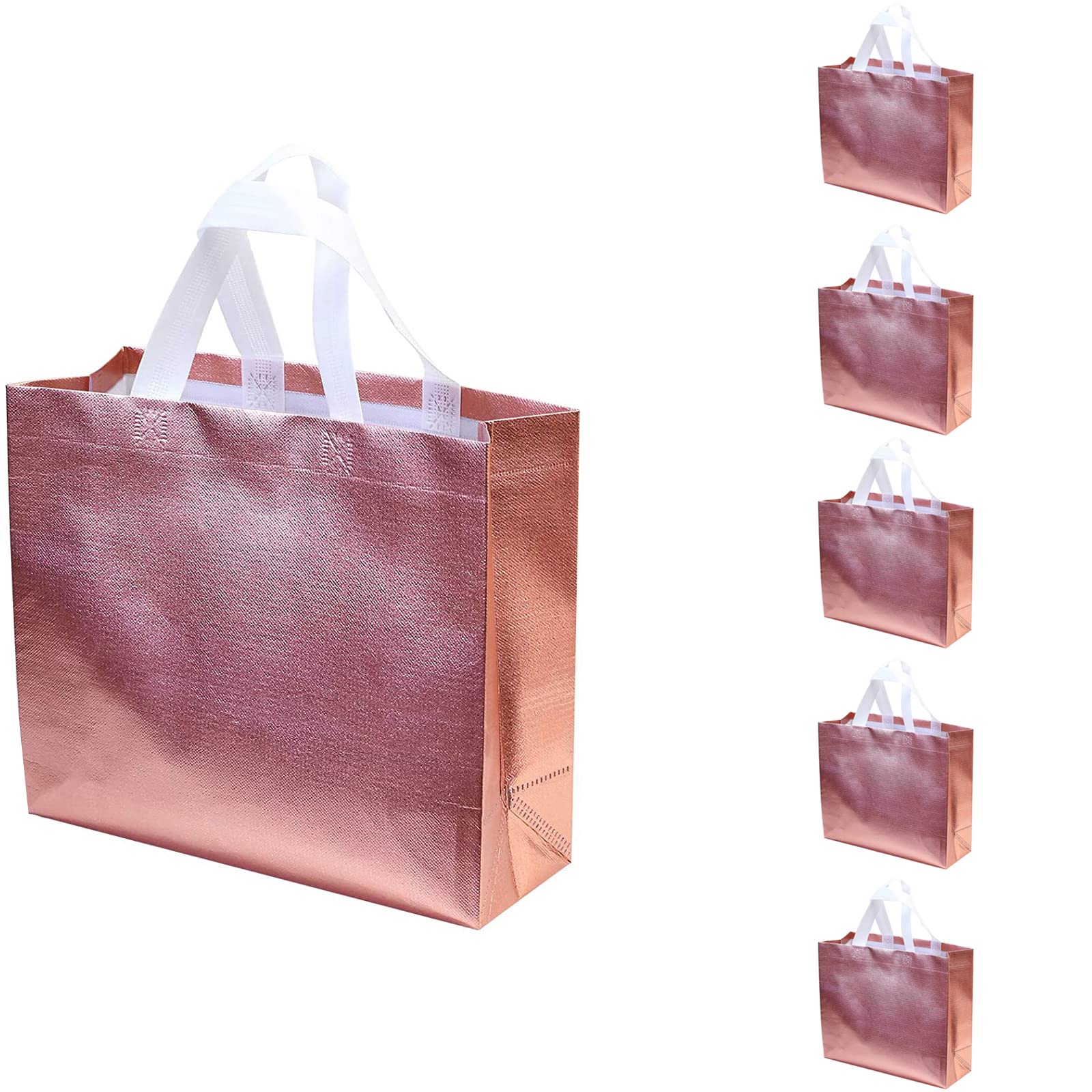 5-Pack Glossy Reusable Shopping Totes with Handles - Eco-Friendly Grocery Bags for Women, Bridesmaid Gifts, Bachelorette Parties, Weddings, Birthdays, Mother's Day & Christmas - Rose Gold Non-Woven Gift Bags for Everyday Use, Grocery Shopping & Special Occasions