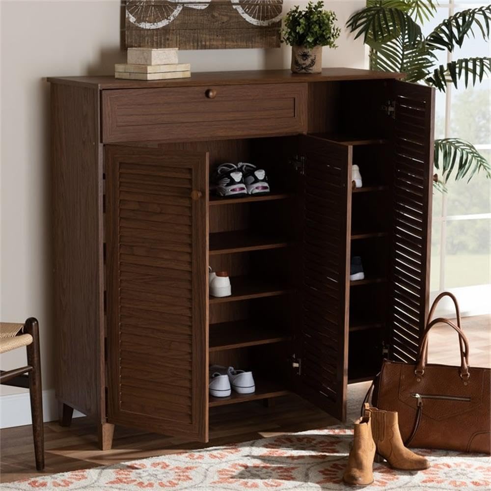 Baxton Studio Coolidge 11-Shelf Modern Shoe Storage Cabinet with Drawer - Walnut Finish Wooden Organizer for Entryway, Closet & Bedroom