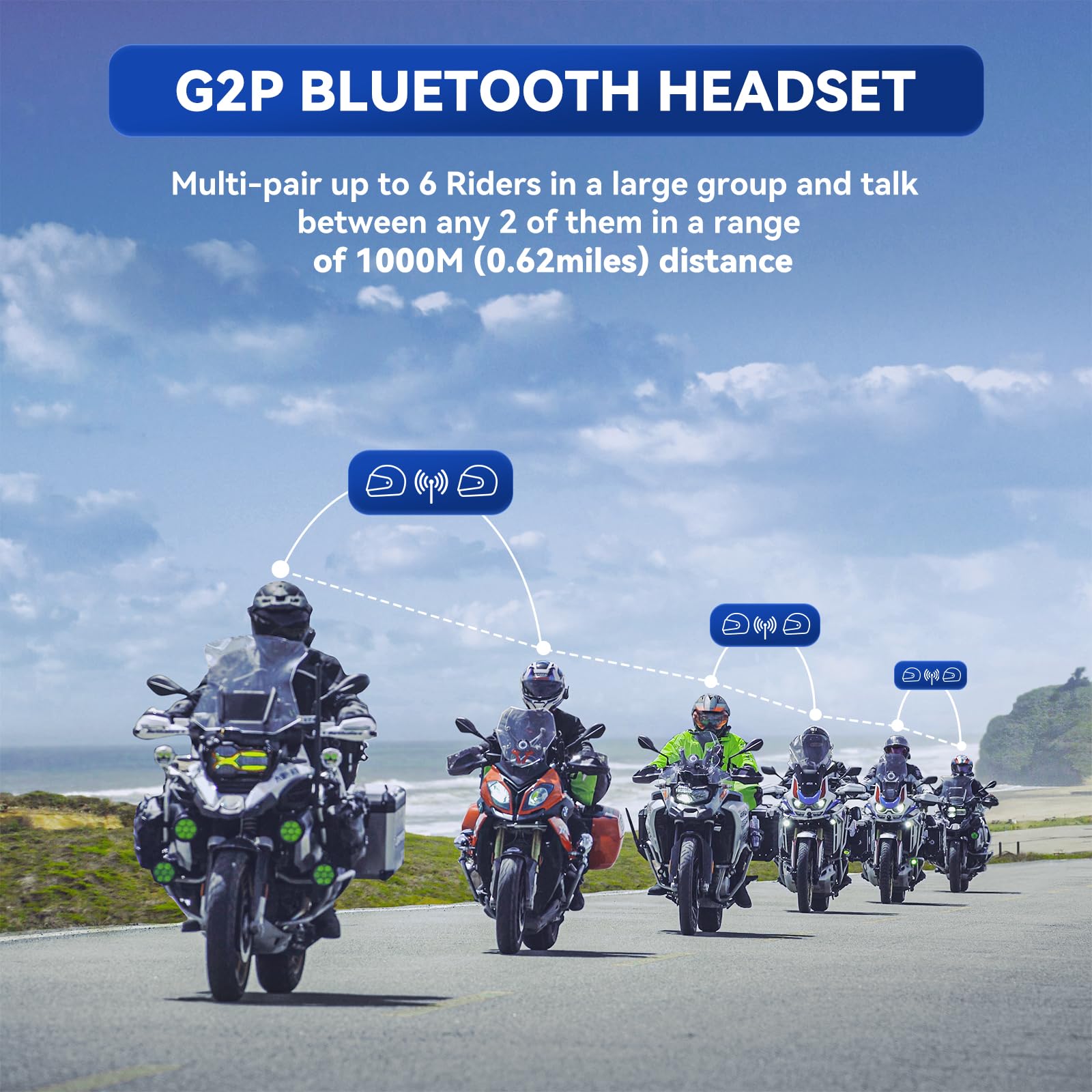 LEXIN G2P Motorcycle Bluetooth Helmet Headset - 6-Way Group Intercom, FM Radio, Universal Pairing, Private Talk & Noise Cancellation - Compatible with Snowmobile, ATV & Motorcycles (1 Pack) - Perfect for Group Rides, Adventure Tours & Off-Roading