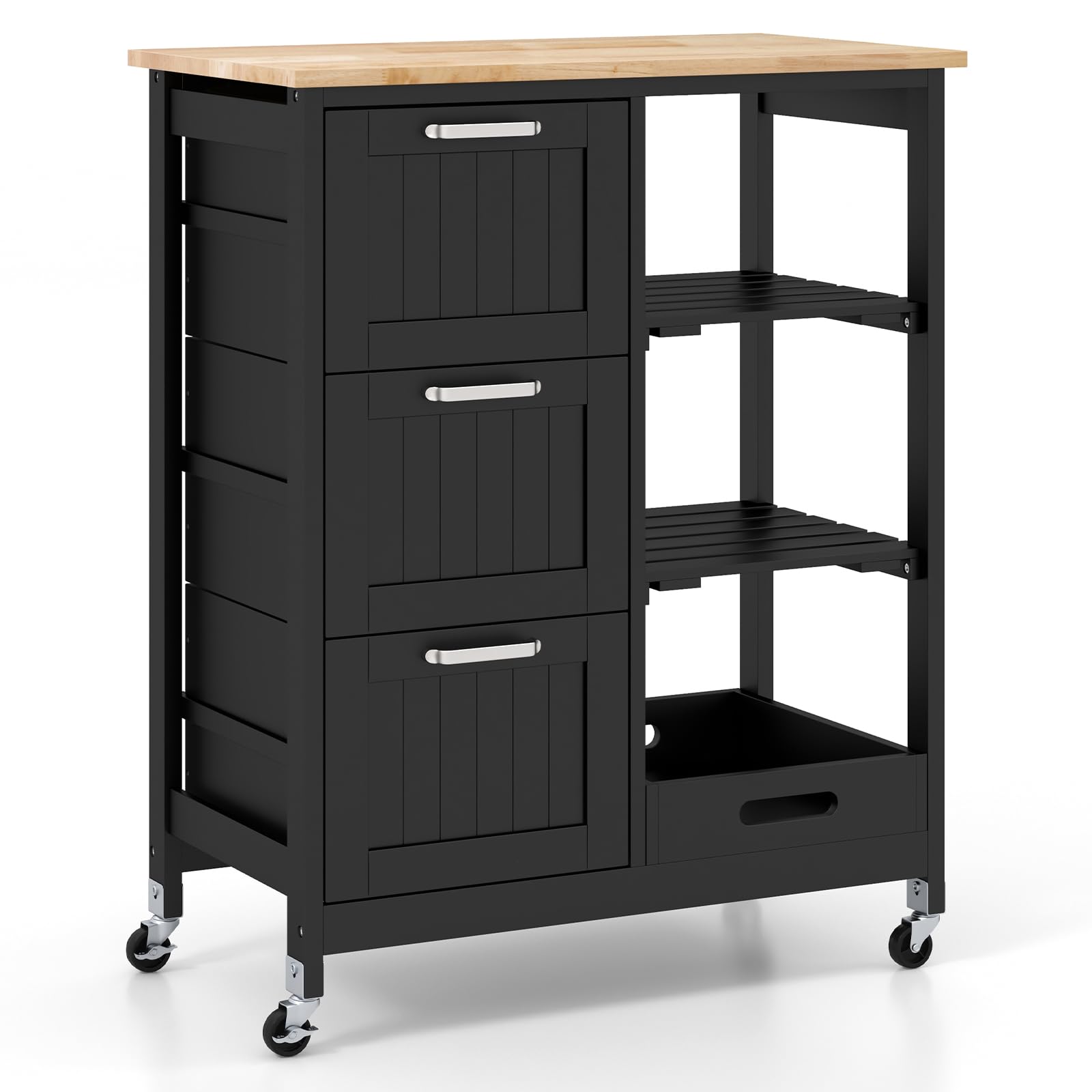 COSTWAY Kitchen Cart with Wheels, 3 Drawers & Shelves for Dining, Living Room & Bedroom Storage