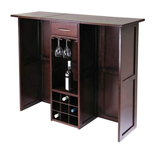 Ergode Newport Expandable Wine Bar Countertop with Hanging Glass Rack - Solid Wood Walnut Finish - Holds 9 Bottles, Drawer & Open Shelf Storage - Perfect for Home Bar, Kitchen Island, or Dining Room Decor (94350-VV)