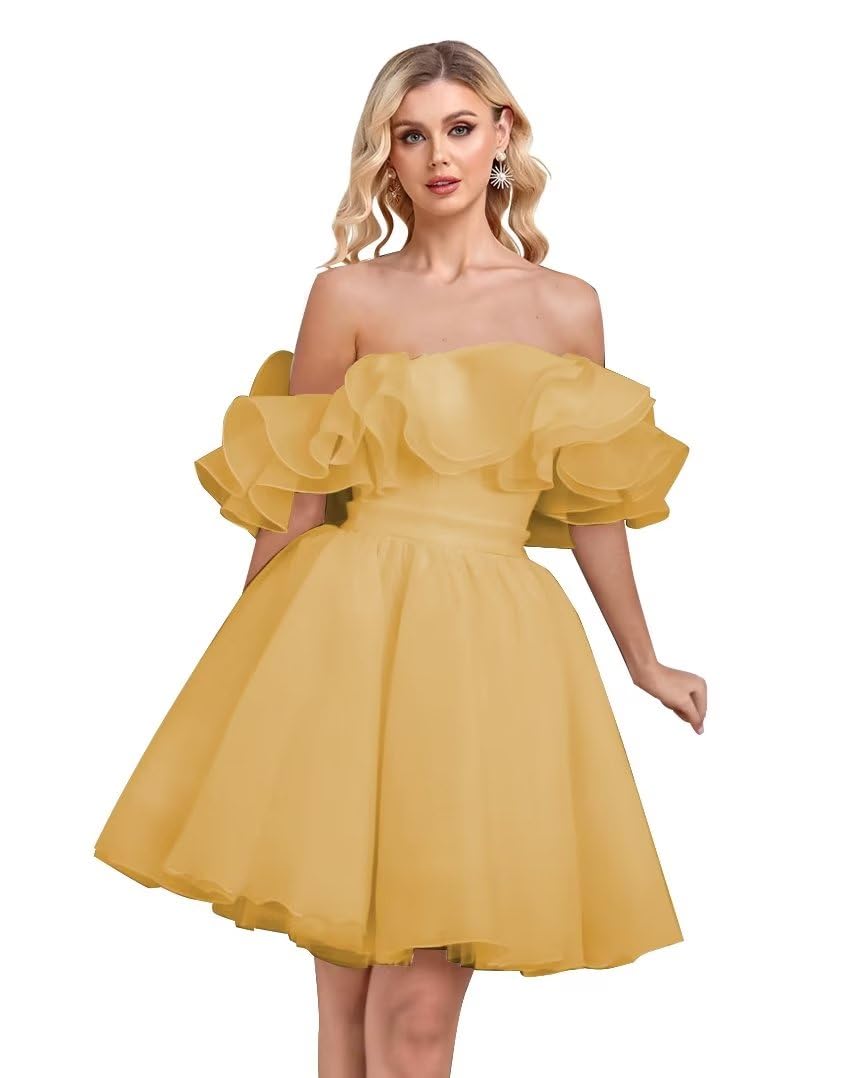 MARSEN Off Shoulder Chiffon Homecoming Dress with Layered Ruffles - A-Line Short Prom Dress for Teens, Gold Cocktail Party Dress Size 20 | Perfect for Homecoming, Prom Night, Cocktail Parties & Special Occasions