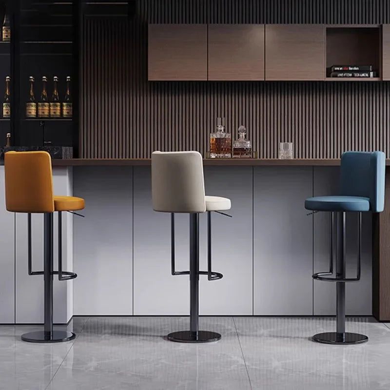 Adjustable Leather Bar Stool with Disk Base - Modern Swivel Counter Height Stool for Kitchen Island, Breakfast Nook & Home Bar