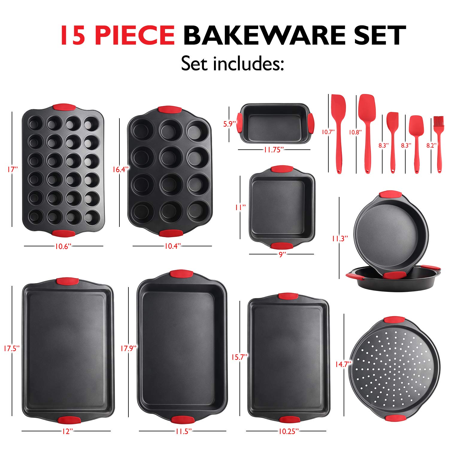 Eatex 15-Piece Nonstick Bakeware Set - Includes Muffin Pan, Cake Pan & Cookie Sheets - Premium Steel Baking Sheets for Oven - Comes with Kitchen Utensils - Black - Perfect for Home Baking, Holiday Cooking & Professional Pastry Making