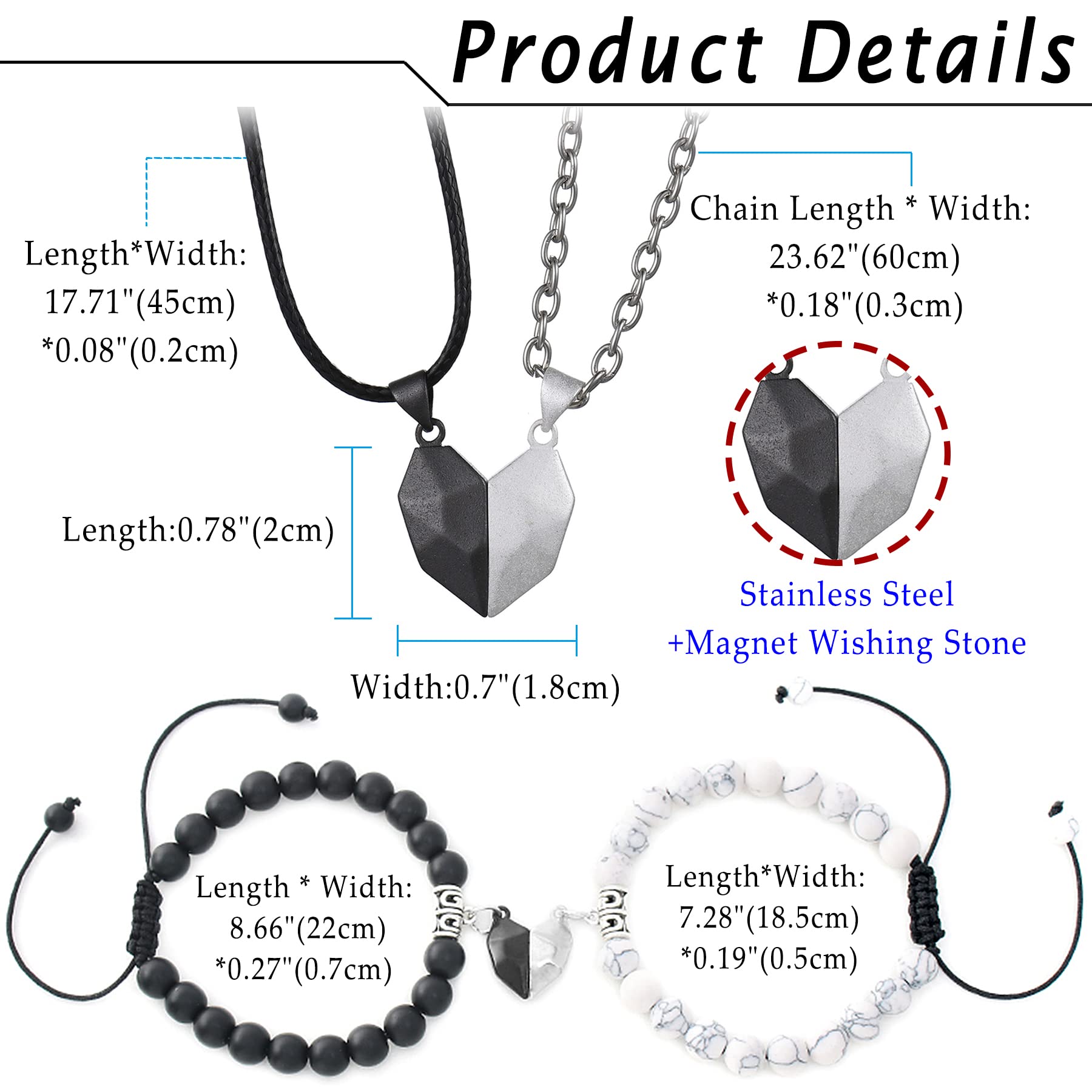 **Cupimatch 4 Pcs Heart Couple Matching Necklaces & Bracelets Set - His and Hers Love Pendant Beaded Relationship Jewelry for Anniversaries, Valentine's Day & Romantic Gifts**