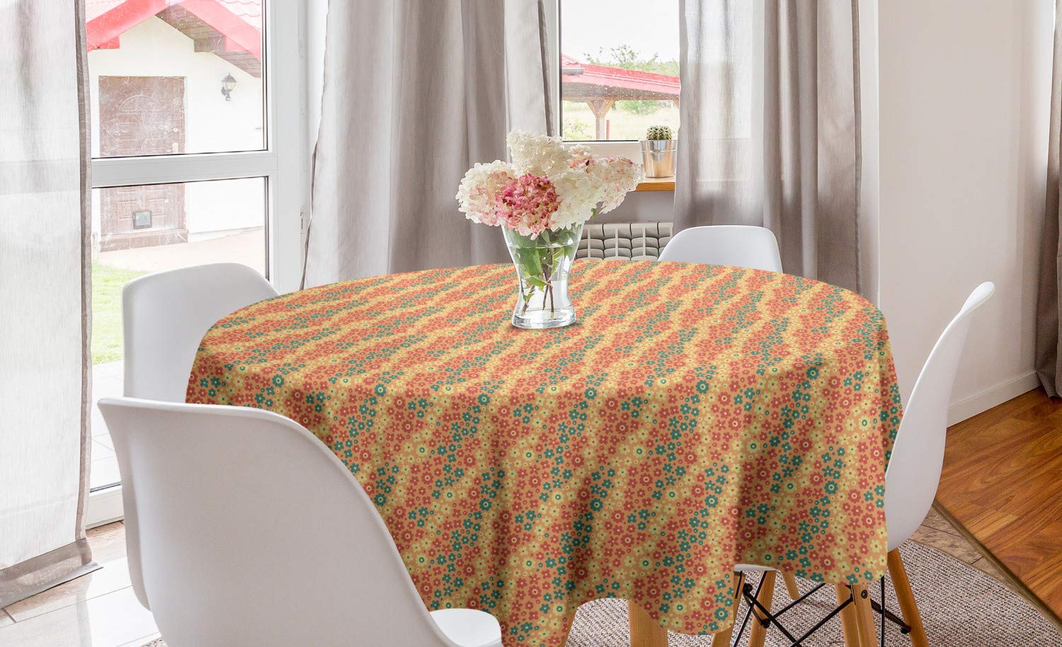 Ambesonne Floral Round Tablecloth - 60 Inch Peony Daisy Chamomile Design, Dark Coral & Petrol Blue Table Cover for Dining Room, Kitchen Decor | Perfect for Spring Parties, Easter Celebrations & Home Decoration