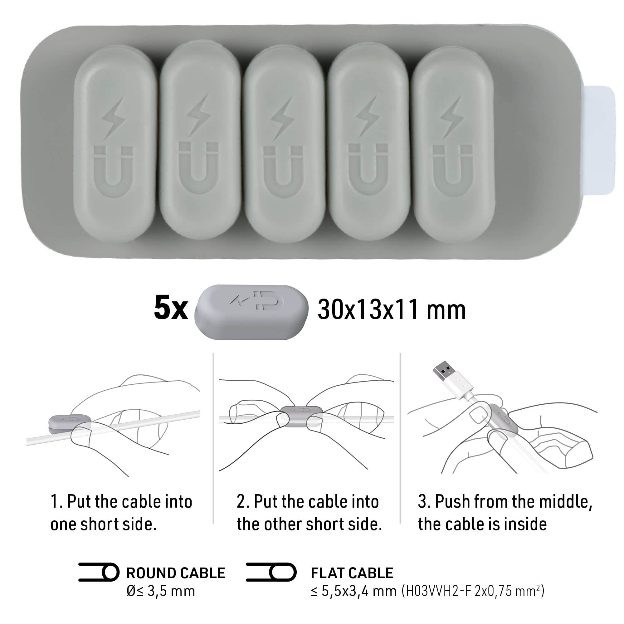 Electraline 71707 Magnetic Cable Clips Set of 5 with Adhesive Metal Strips - Multi-Functional Desk Cable Organizer for Power Cords, USB Charging Cables - Perfect for Home Office, Computer Desk, and Cable Management Solutions