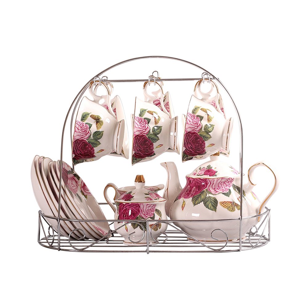 Elegant Bone China Butterfly & Floral Printed Porcelain Tea Set with Lid & Saucer - 15-Piece Coffee & Tea Cup Set for Afternoon Tea, Bridal Shower, and Luxury Home Decor