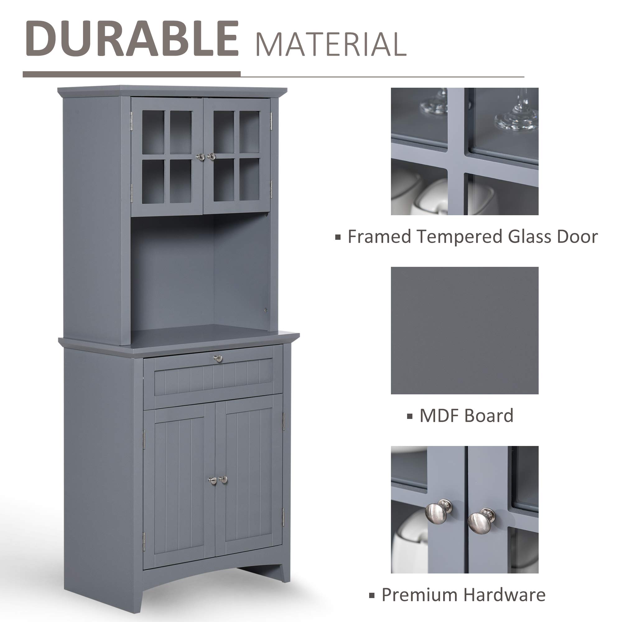 HOMCOM Elegant Buffet Hutch with Glass Doors - Kitchen Pantry Storage Cabinet with Drawers & Microwave Space, Grey - Perfect for Dining Room Storage & Small Kitchen Organization