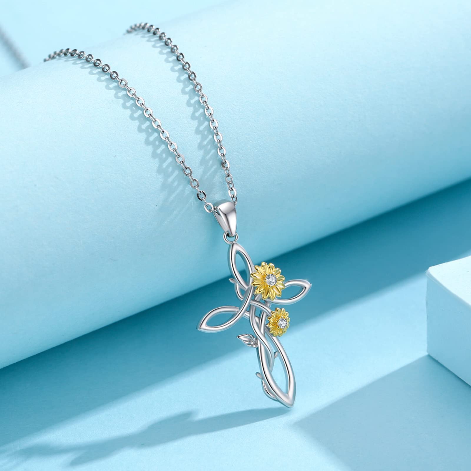 925 Sterling Silver Sunflower Pendant Necklace for Women - You Are My Sunshine Cross Necklace - Elegant Floral Jewelry Gift for Her (Perfect for Birthdays, Anniversaries & Mother's Day)