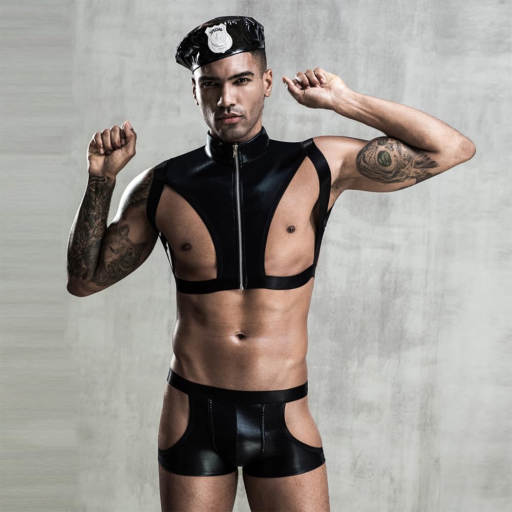 Sexy Police Costume Lingerie for Men - Black, Size L - Roleplay Underwear for Halloween, Cosplay & Adult Parties