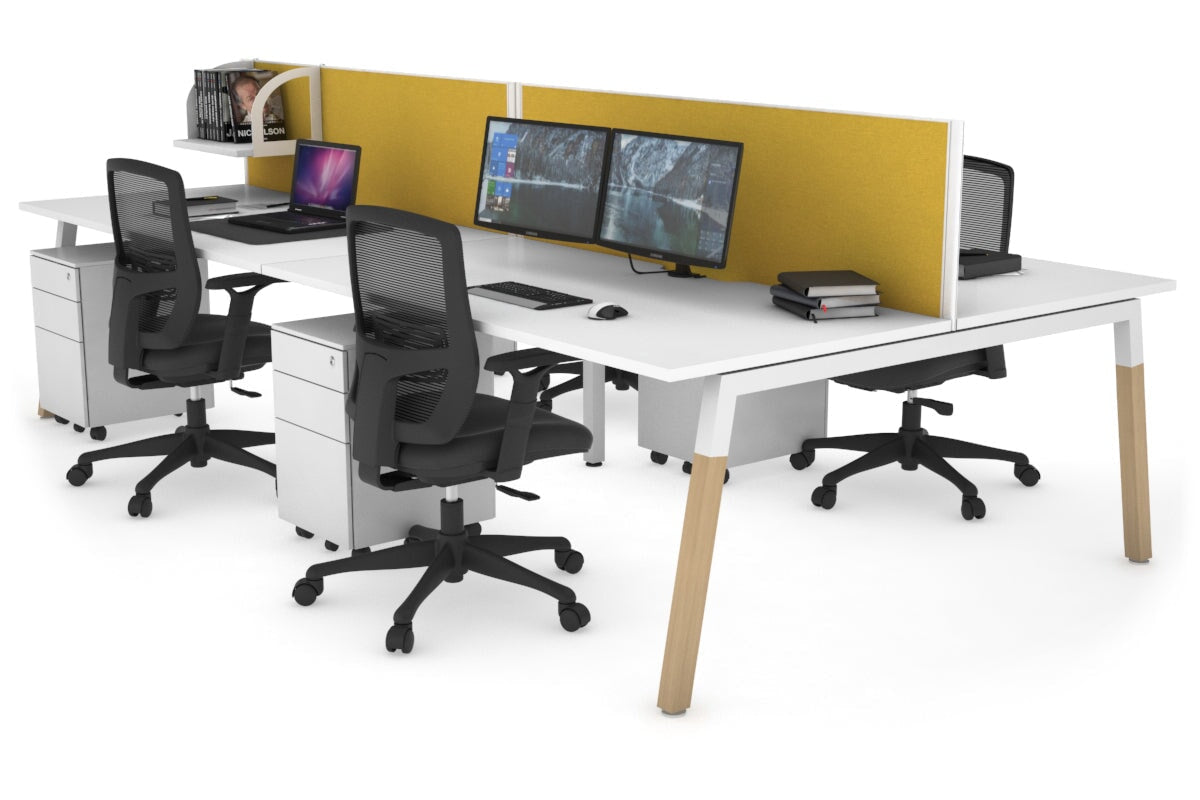 Quadro A Legs 4-Person Office Workstation with Wood Legs & Cross Beam - 1400L x 800W Dimensions, Cable Management Scallop | Perfect for Collaborative Workspaces & Modern Offices