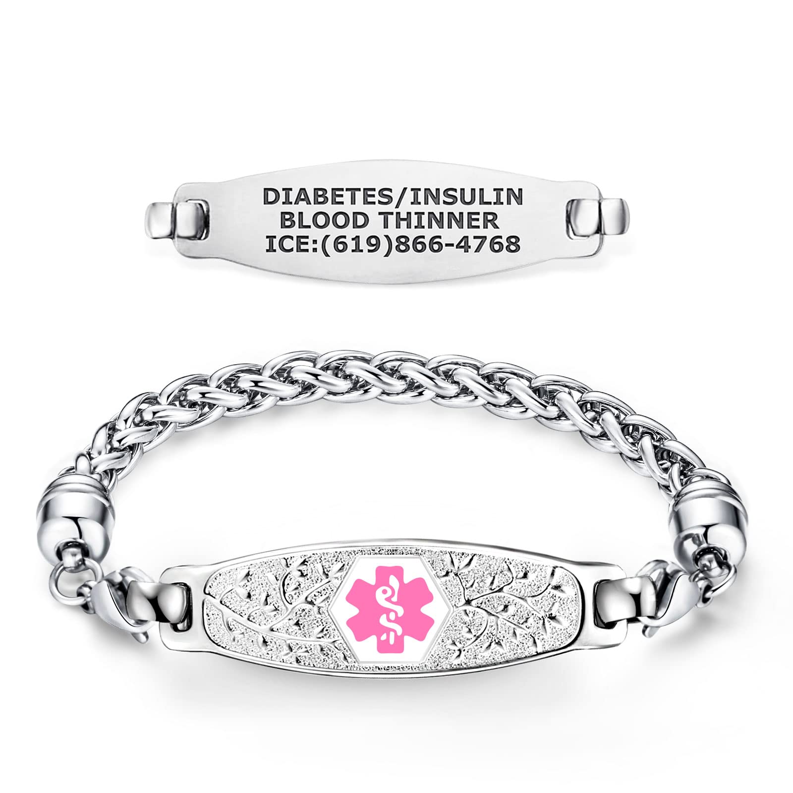 Divoti Custom Engraved Medical Alert Bracelets for Women - Stainless Steel Medical ID Bracelet with Free Engraving (Olive Tag with Wheat Design) - Adjustable Sizes for Diabetes, Allergies & Emergency Info - Perfect for Daily Wear, Travel & Outdoor Activities