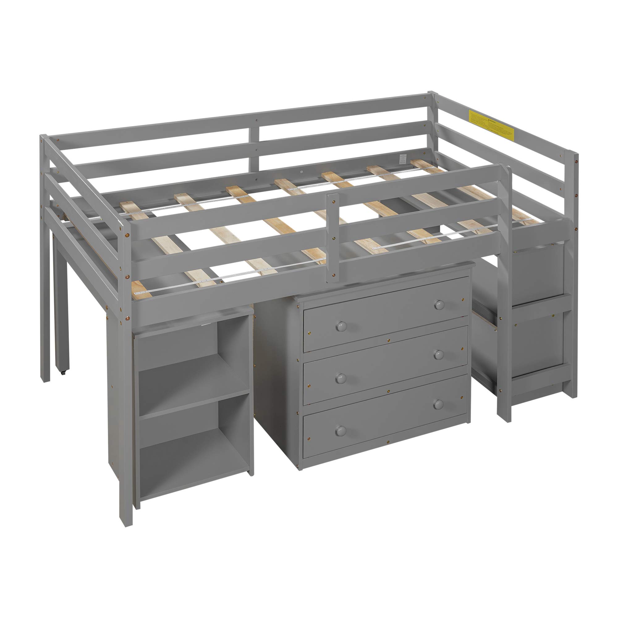 Danxee Loft Storage Bed with Spacious Shelves & Rolling Desk - Space Saving Bed Frame with Cabinet Storage, Multiple Finishes (Gray) - Perfect for Small Apartments, Dorms & Kids Rooms