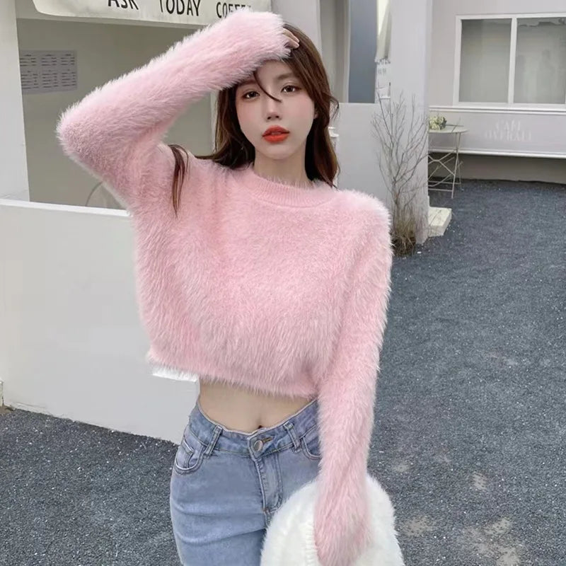 Soft Velvet Round Neck Long Sleeve Knitted Sweater for Women - Cozy Winter Pullover for Casual Outfits & Office Wear