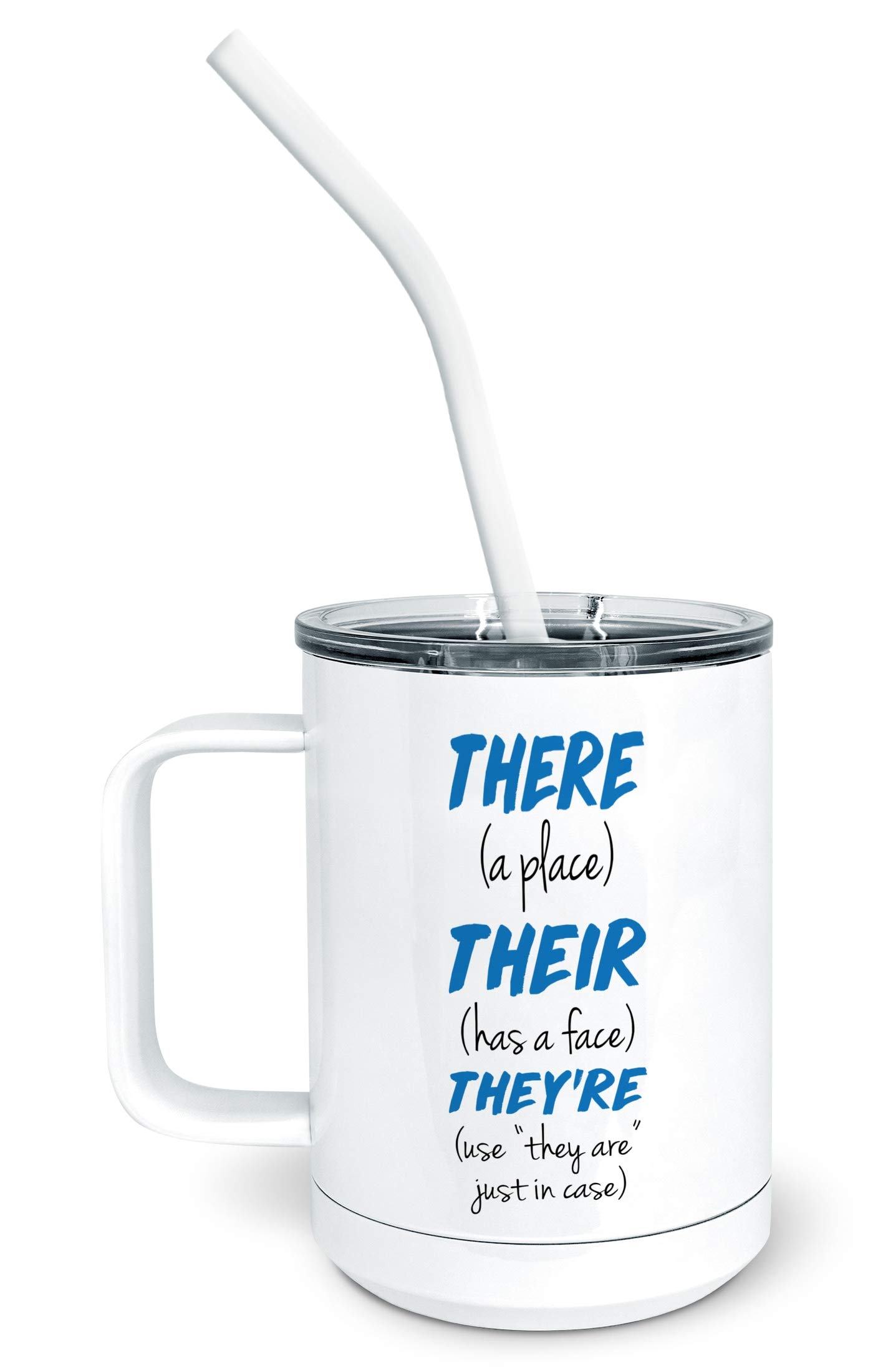 PixiDoodle Grammar Teacher There Their They're Homophone Insulated Coffee Mug Tumbler - 15oz White with Spill-Proof Lid & Silicone Straw - Perfect for Teachers, Students, Grammar Lovers & Office Use