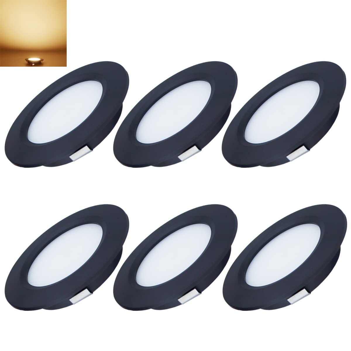 12V DC Recessed LED Ceiling Lights - Warm White 300LM, 3W, Set of 6 - Perfect for RV Interior, Under Cabinet Lighting, Boats & Campers - Energy Efficient Low Voltage Lighting Solution