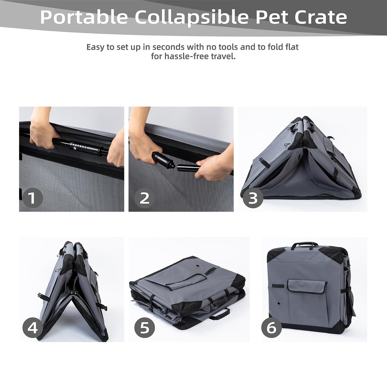 42 Inch Collapsible Dog Crate with 4 Door Curtains - Portable Soft Pet Kennel for Travel, Chew Proof Mesh for Indoor & Outdoor Use - Grey (Includes Carry Bag) - Perfect for Car Trips, Camping & Home Comfort