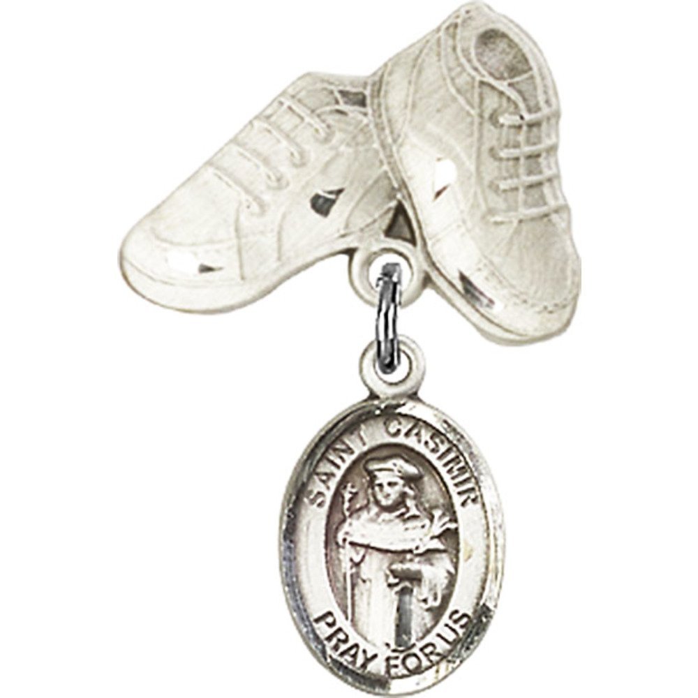 St. Casimir of Poland Sterling Silver Baby Badge Charm with Baby Boots Pin - 1 X 5/8 Inch - Perfect for Christening, Baptism & First Communion Gifts