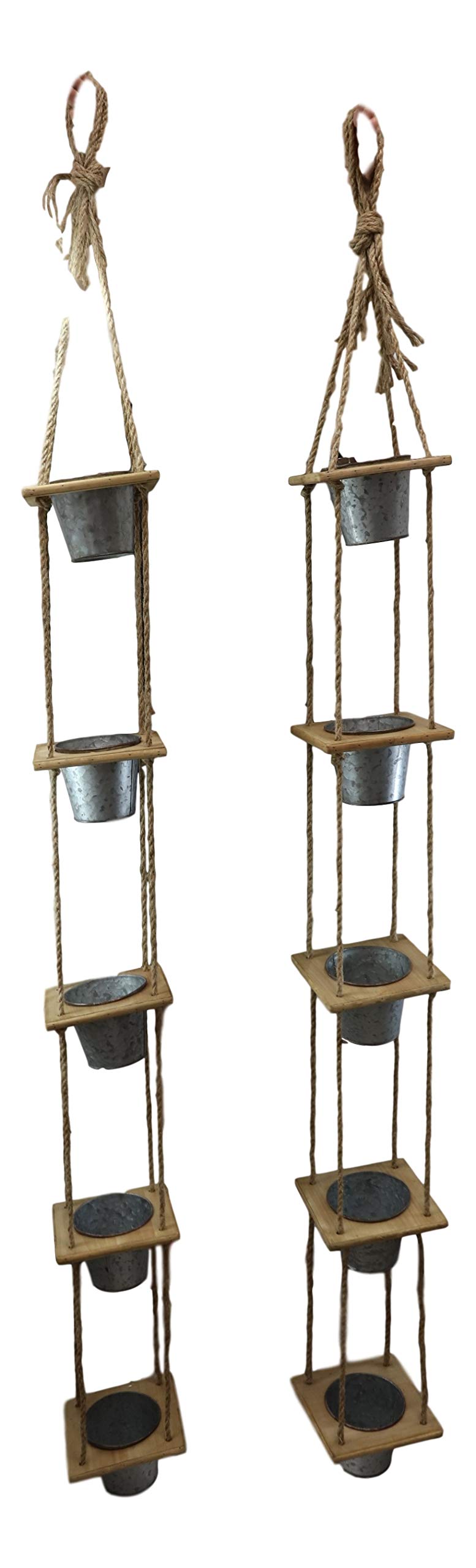 Ebros Set of 2 Galvanized Metal 5-Tier Hanging Planters – Indoor/Outdoor Macrame Rope Plant Pots for Succulents, Greenery – Perfect for Garden, Patio, Poolside & Lawn Decor
