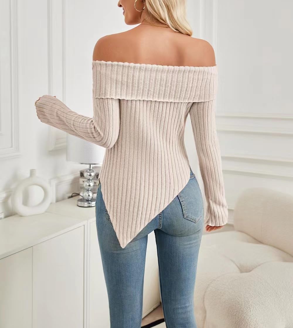 Sumleno Women's Cute Bow Off-Shoulder Knit Sweater Top - Sexy Side Slit Pullover Y2K Aesthetic Clothes for Casual Outings, Date Nights & Instagram Fashion